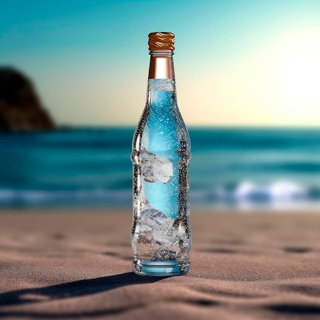 Flasche Wasser mit Eiswürfeln am Strand SommerhintergrundAI generiert
