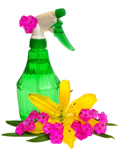 Flasche Wasserspray Blumen verziert mit Blumen Lilien und Phlox