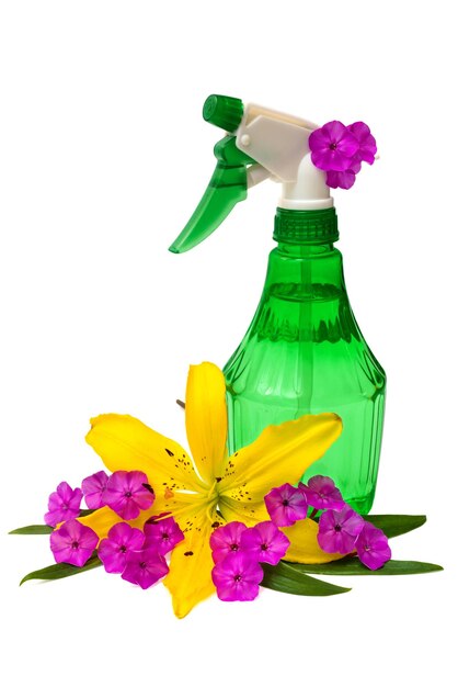 Flasche Wassersprühblumen verziert mit Blumenlilien und Phlox