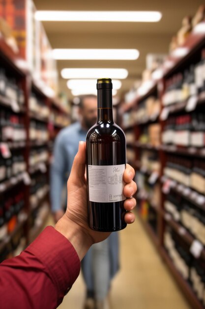Flasche Wein in der Hand in einem Weingeschäft Generative KI