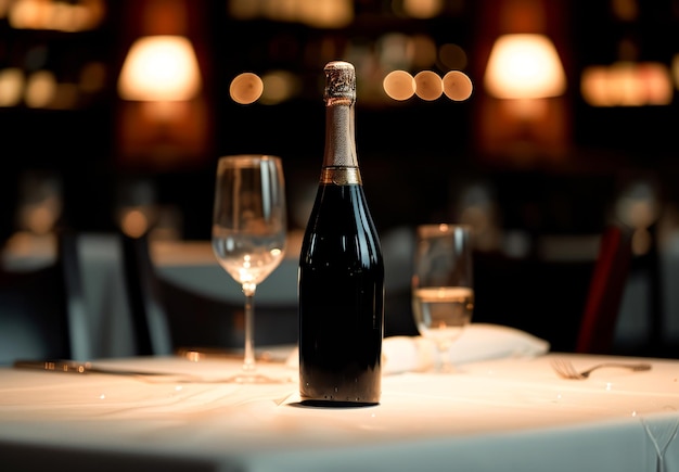 Flasche Wein und Gläser auf dem Tisch im Restaurant in Nahaufnahme