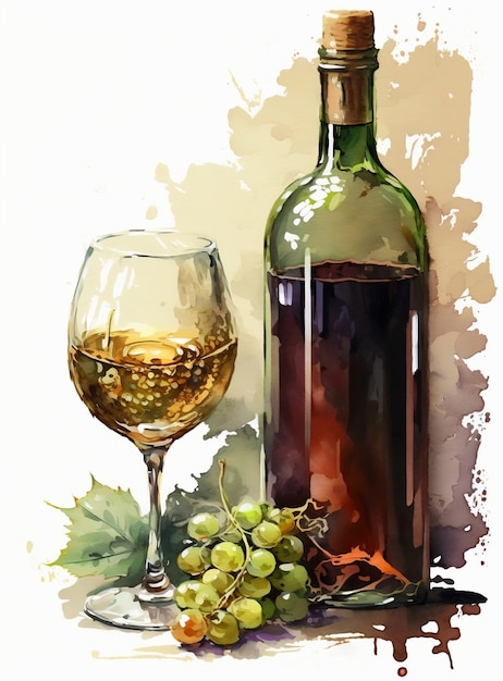 Flasche Wein und Trauben Ein Gemälde mit einer Flasche Wein und einem Glas Wein