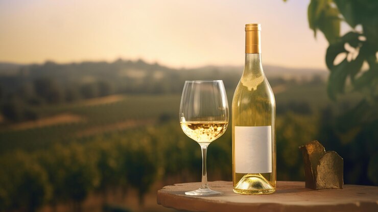 Flasche Weiß mit einem Glas auf dem Hintergrund von Weinbergen