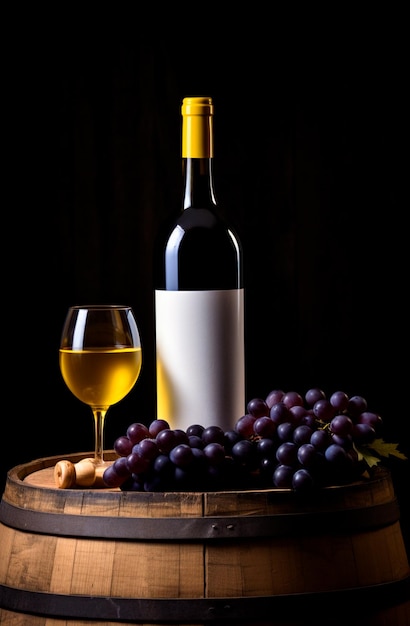 Flasche Weißwein mit Trauben auf der Seite