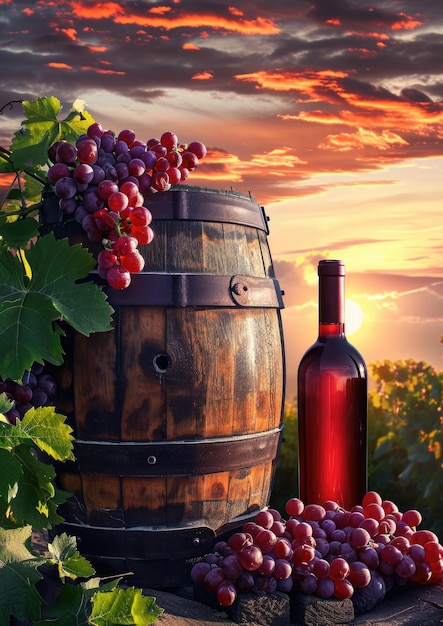 Flasche Weißwein neben hölzernen Weintrauben gegen den Sonnenuntergang im Weinberg