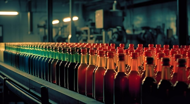 Flaschen füllen sich am Fließband in einer Industriefabrik