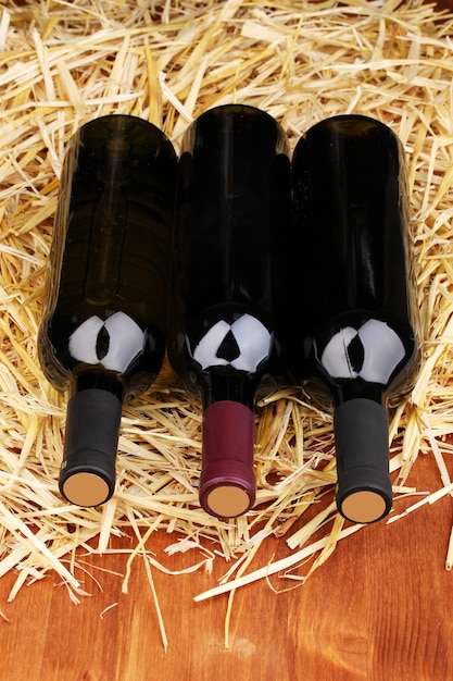 Flaschen großen Weins auf Heu auf Holztisch