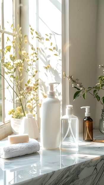 Flaschen mit Shampoo, Körperwäsche und Handseife auf der Badezimmerplatte mit Pflanzen drin