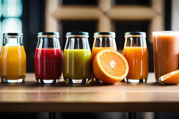 Flaschen Saft mit Orangen auf einem Holztisch