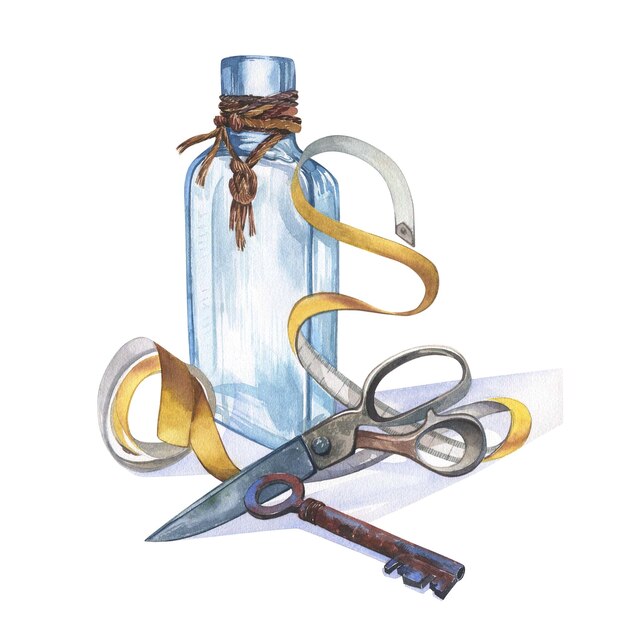 Foto flaschen-schere-schlüssel-messband, isoliert auf weißem hintergrund, aquarell, handgezeichnete illustration a