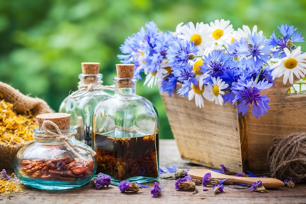 Flaschen Tinktur und trockene gesunde Kräuter Heilblumenstrauß Kräutermedizin