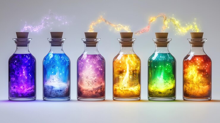 Foto flascos mágicos con líquido brillante sobre un fondo claro
