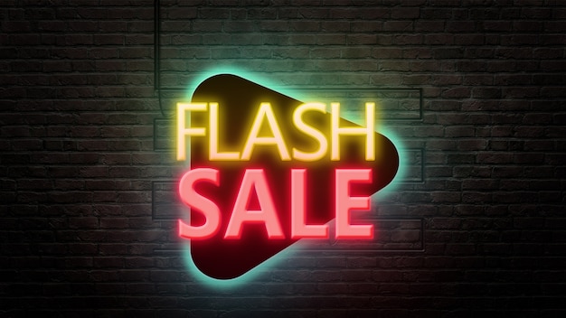 Flash-Verkaufszeichen-Emblem im Neonstil auf Backsteinmauerhintergrund