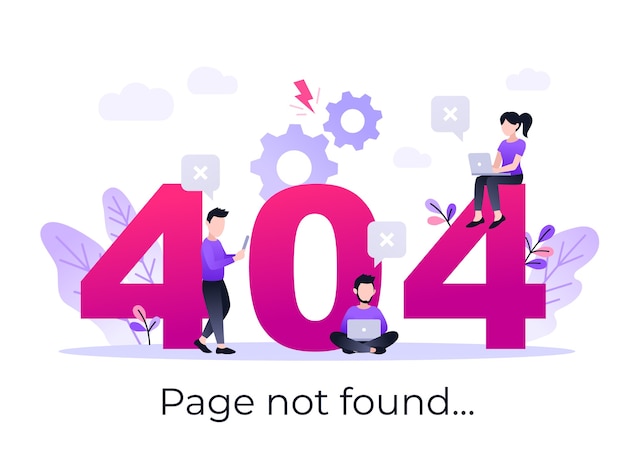 Foto flat concept 404 fehlerseite oder datei für webseite, banner, präsentation, social media, dokumente nicht gefunden. fehler bei der website-wartung, webseite im aufbau. vektor-ultraviolett-illustration