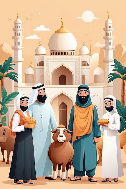 Flat Eid alAdha Illustration mit Menschen und Tieren