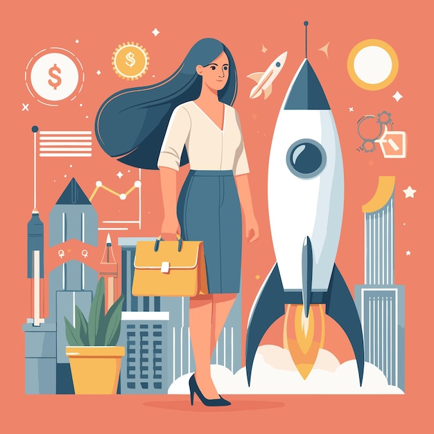 Foto a flat illustration of an asian woman ready to market launch