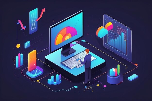 Foto flat isometric illustration concept of man working on computer data analysis