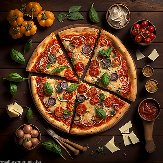 Flat lay-Ansicht bei der Pizza auf dem mit generativer KI erstellten Holztisch