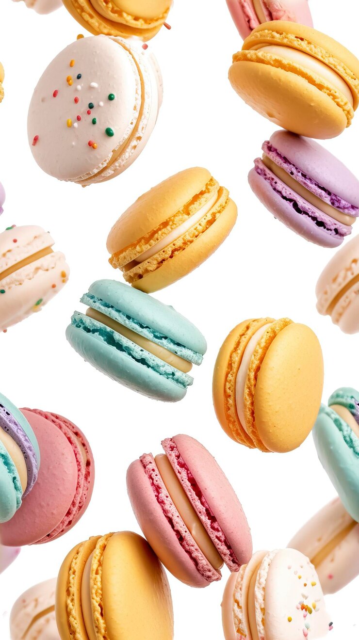 Foto flat lay close up sweet french macarons isolated on white background colorful macarons flying or falling in motion ar 916 tile v 6 job id e6302f586b90479799ee63844c650706