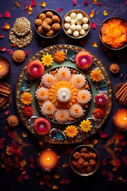 Foto flat lay com coloridos e saborosos doces tradicionais de diwali