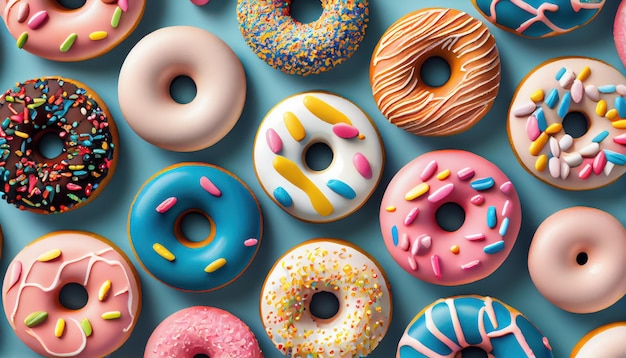 Flat Lay Donuts Muster isolierter Hintergrund Draufsicht KI generiert