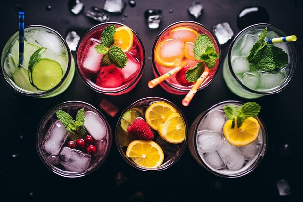 Foto flat lay of a variety of iced fruit teas with fruit skewers