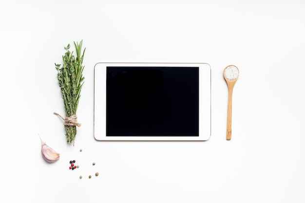 Flat-Lay-Overhead-Ansicht Tablet-PC-Gadget