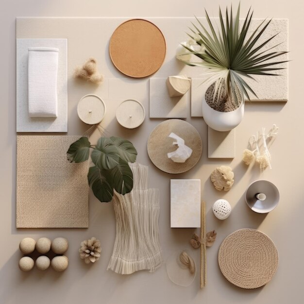 Foto flat lay von boho-minimal-natur in hellen und luftigen weichen tönen