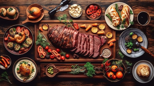 Flat lay von köstlichem Tisch mit geröstetem Fleisch Steak Vorspeisen Generative ai