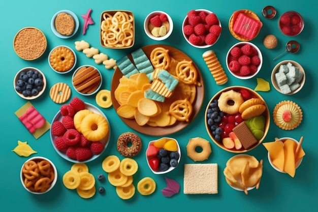 Foto flat lay von lieblings-snacks und freuden