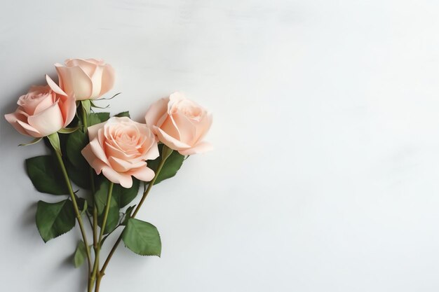 Flat lay von Valentinstag Konzept mit Blumen und Bouquet von schönen rosa Rosen mit Kopierraum