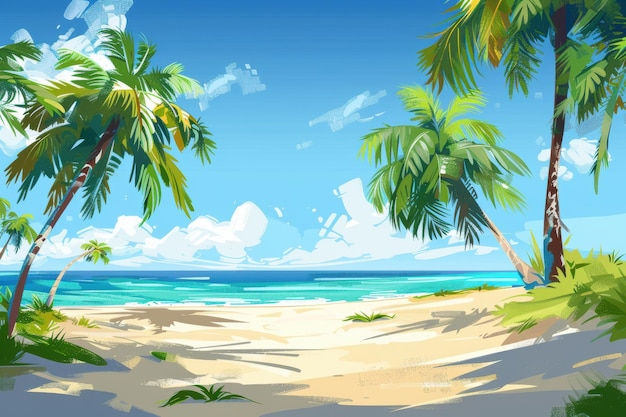 Flat-Stil-Bildung eines Paradiesstrandes mit Sandküste und Palmen