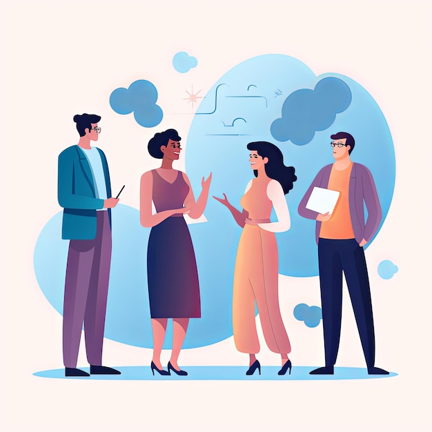 Foto flat vector style illustration a diverse group of people talking and collaborating on white background v 52 job id 178ffe0144f244fcbb9daac0cf303270