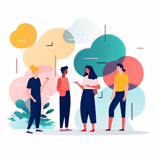 Foto flat vector style illustration a diverse group of people talking and collaborating on white background v 52 job id 49a7b3361768471e8df3bed3106912ba