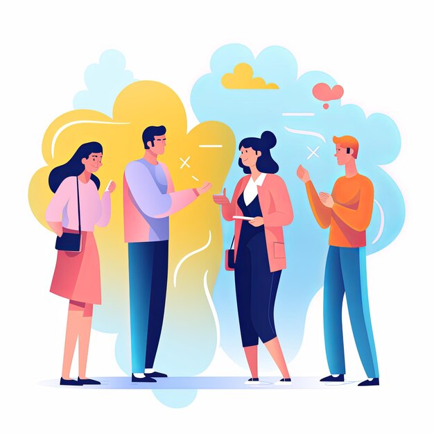 Foto flat vector style illustration a diverse group of people talking and collaborating on white background v 52 job id 56b26d81ae2a4602be0aeb1f995ca67d