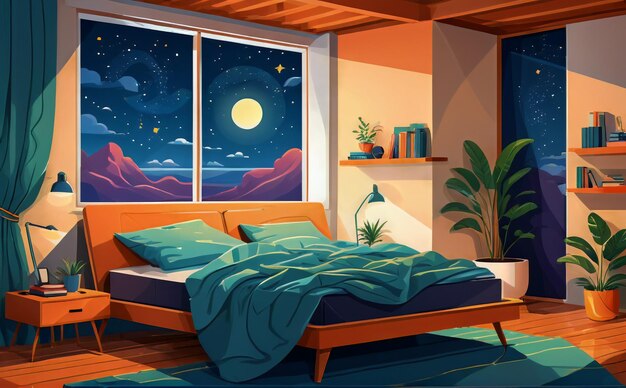 Flat-Vektor-Illustration eines gemütlichen Schlafzimmers