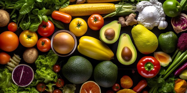 Foto flatlay aus verschiedenen gemüse- und obstarten