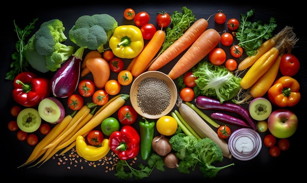 Foto flatlay aus verschiedenen gemüse- und obstarten