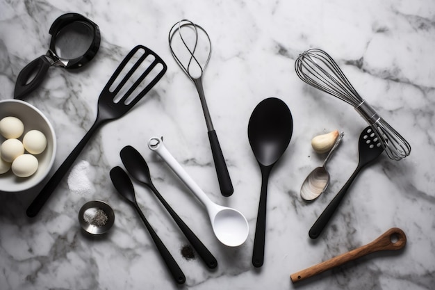 Flatlay de bom gosto de utensílios de cozinha na superfície de mármore criado com generative ai