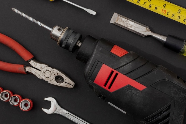 Flatlay de equipamentos ou ferramentas manuais para trabalhos de reparo