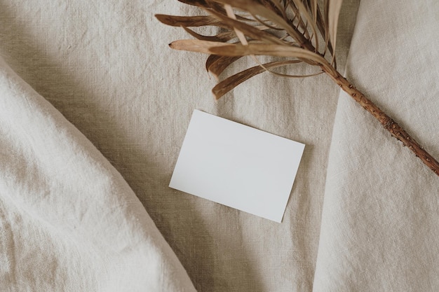 Flatlay de flor protea seca de cartão de papel em branco em pano de linho amassado bege neutro Modelo de negócios Vista superior plana leiga estética minimalista luxo boêmio conceito de marca de negócios