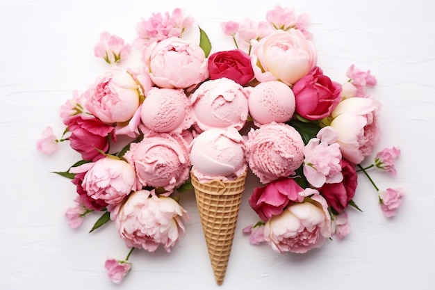 Flatlay de morango rosa e gelado de coco scoops cones doces e flores de peônia buquê sobre