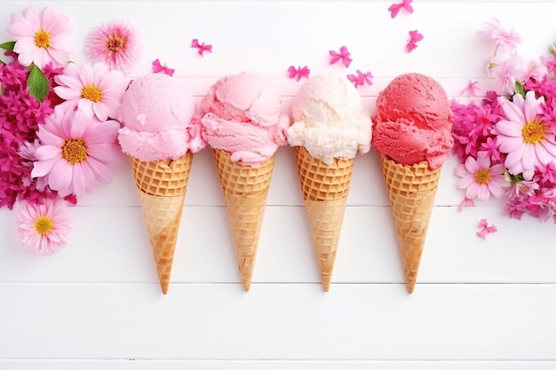 Flatlay de morango rosa e gelado de coco scoops cones doces e flores de peônia buquê sobre