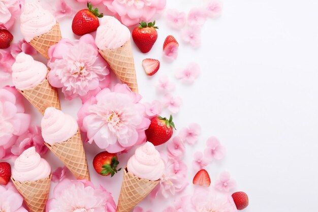 Flatlay de morango rosa e gelado de coco scoops cones doces e flores de peônia buquê sobre