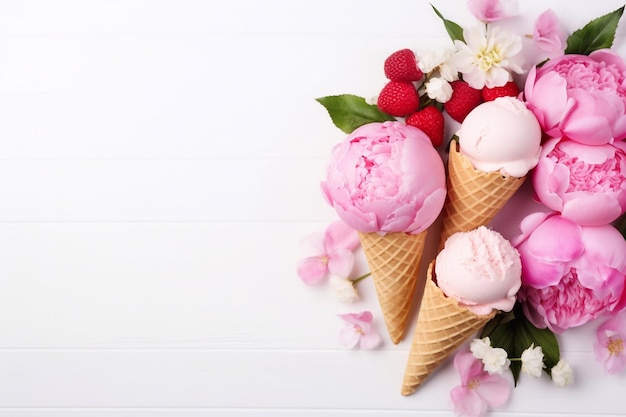 Flatlay de morango rosa e gelado de coco scoops cones doces e flores de peônia buquê sobre