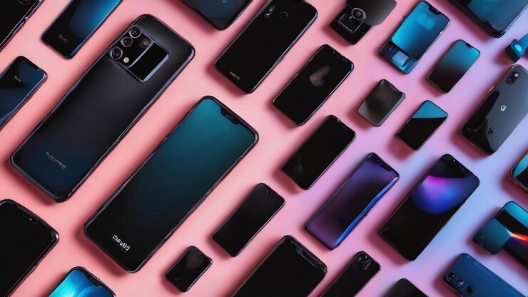 Foto flatlay de telefones celulares pretos black friday cyber segunda-feira conceito