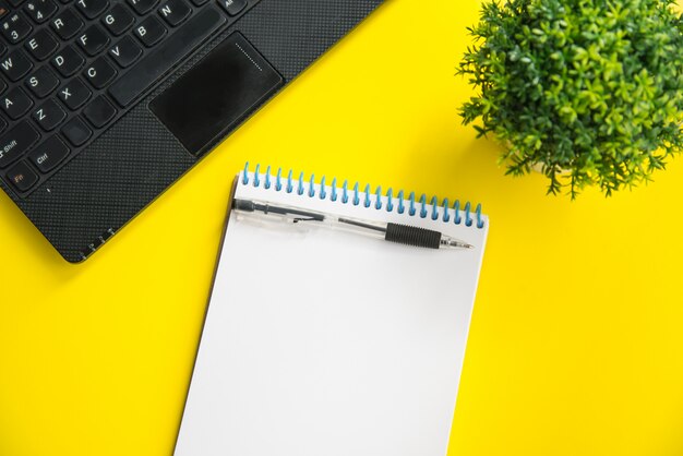 Flatlay-Modell von Laptop, grüner Pflanze, Stift und Notizbuch auf hellgelbem Hintergrund. Planungskonzept mit Platz für Text