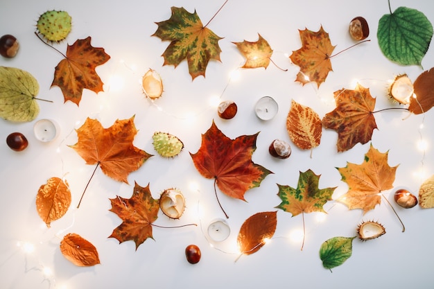 Flatlay de otoño con hojas, velas y castañas vista superior