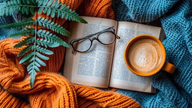 Foto flatlay primeira metade da imagem livre e a segunda metade consiste em livro aberto óculos de leitura xícara de café cobertor aconchegante planta