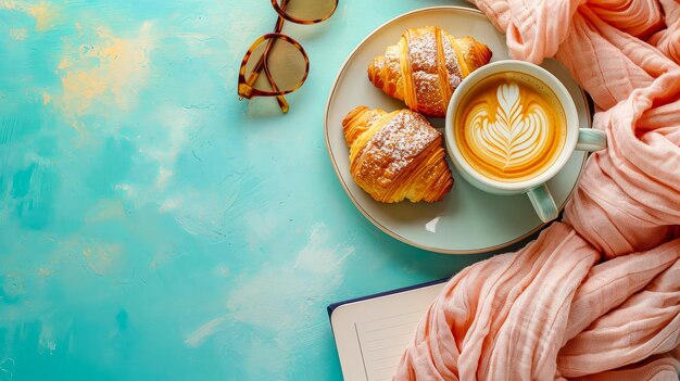 Foto flatlay primeira metade da imagem livre e a segunda metade consiste em livro aberto óculos de leitura xícara de café cobertor aconchegante planta